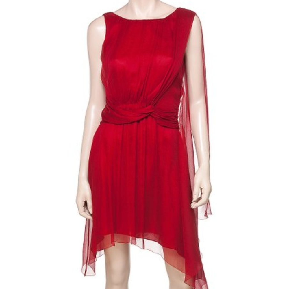 NWT Leon Max | Burgundy V-Back Silk Hanging-Sleeve Asymmetrical Dress - 10